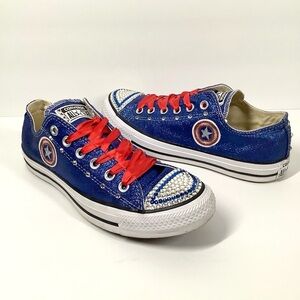 CONVERSE Custom Low Top Sneakers Glitter Swarovski Crystals Red Wh Blue Women 8